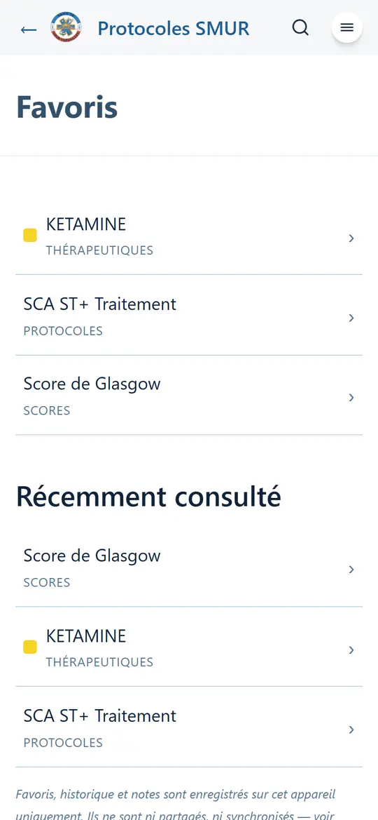 Page Favoris : trois fiches en favori, puis la liste « Récemment consulté »