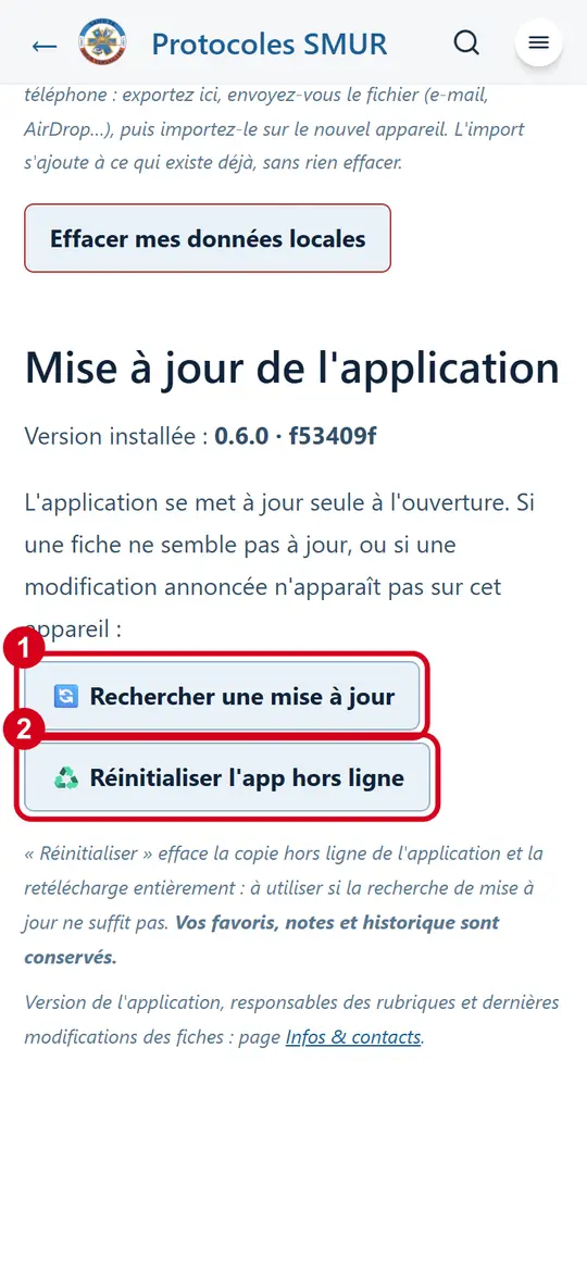 Réglages : boutons « Rechercher une mise à jour » (1) et « Réinitialiser l'app hors ligne » (2) entourés