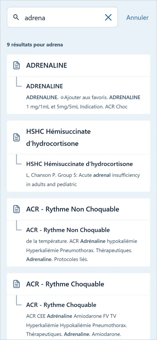 Recherche « adrena » : la fiche Adrénaline puis les protocoles qui en parlent