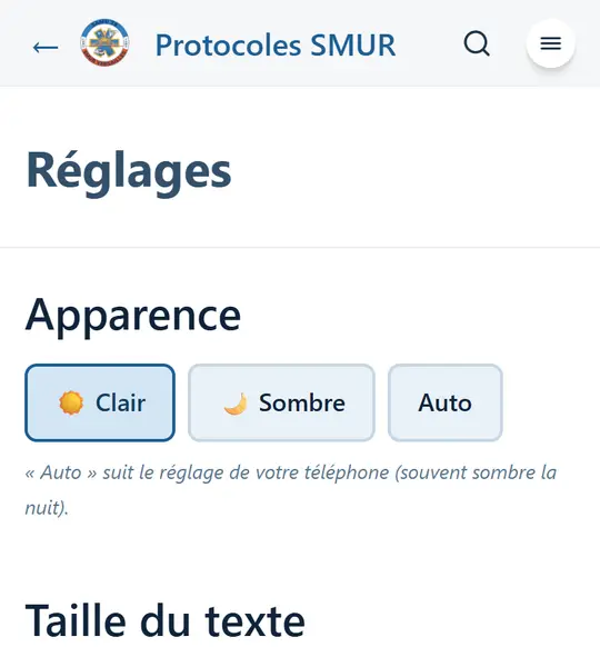 Page Réglages : boutons Clair, Sombre, Auto, puis Taille du texte