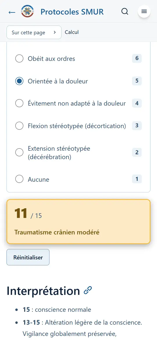 Score de Glasgow en cours : réponses cochées, total 11 sur 15 « Traumatisme crânien modéré » en bas